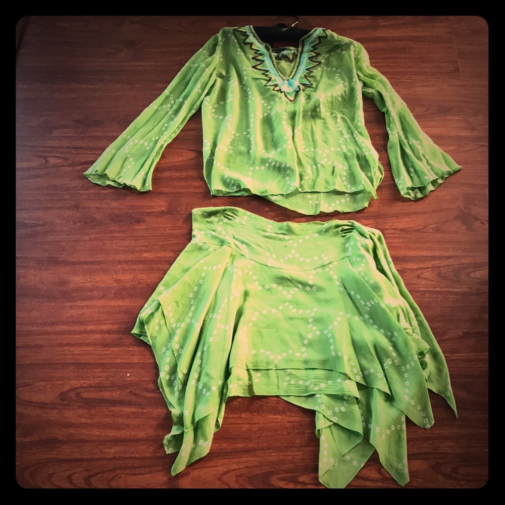 BCBG sheer shirt and skirt.